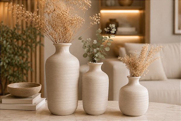 Kit Trio de Vasos Decorativos em Cerâmica Premium