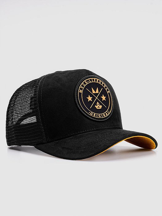 Boné Trucker Brasão Camurça Preto e Amarelo MVCK