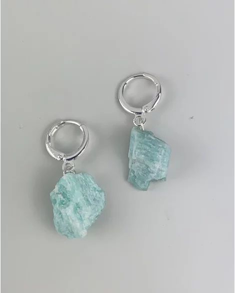 BRINCO PIERCING ARGOLA AMAZONITA BRUTA BANHO PRATA