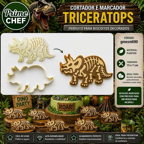 Cortador e Marcador de Dinossauro Triceratops Biscoito Pasta Americana Decoração Artesanato