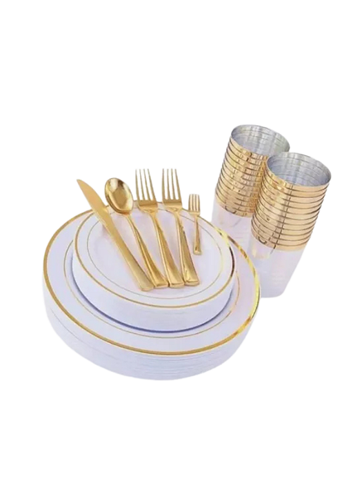 KIT 100 CONVIDADOS - Copo Prato Guardanapos Descartável De Luxo - Gold