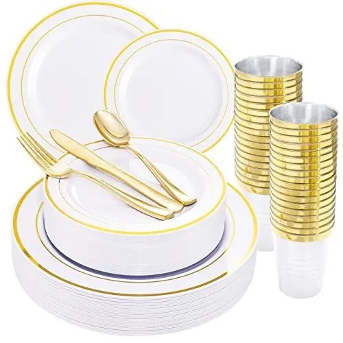 KIT 80 CONVIDADOS - Copo Prato Guardanapos Descartável De Luxo - Gold