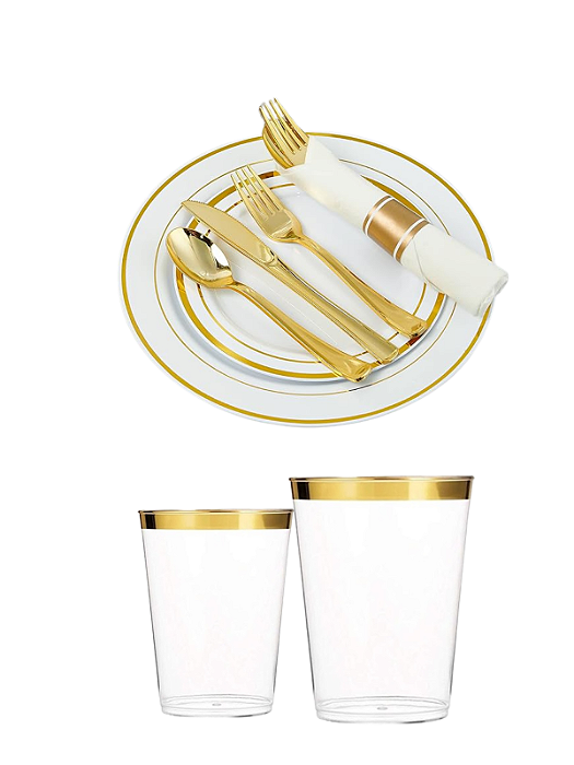 KIT 40 CONVIDADOS - Copo Prato Guardanapos Descartável De Luxo - Gold