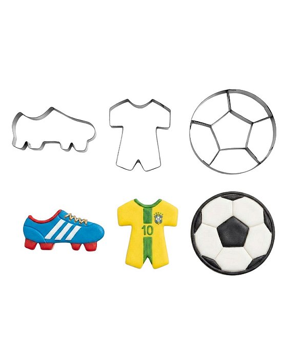 Kit 3 Cortadores  Futebol Copa  Chuteira Camiseta Seleção Biscoito Pasta Americana Confeitaria Artesanato