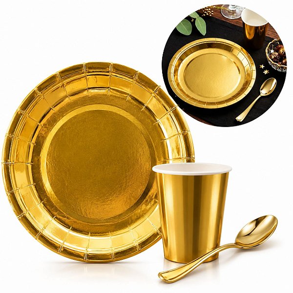 Kit 20 Pessoas Prato 18cm e Copo 250ml Colher 17cm Papel Plástico Festa Brasil Dourado Ouro