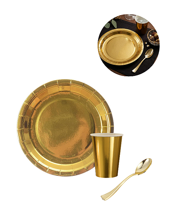 Kit 20 convidados Prato E Copo Colher  17,3cm Papel Festa Aniversário Dourado Ouro