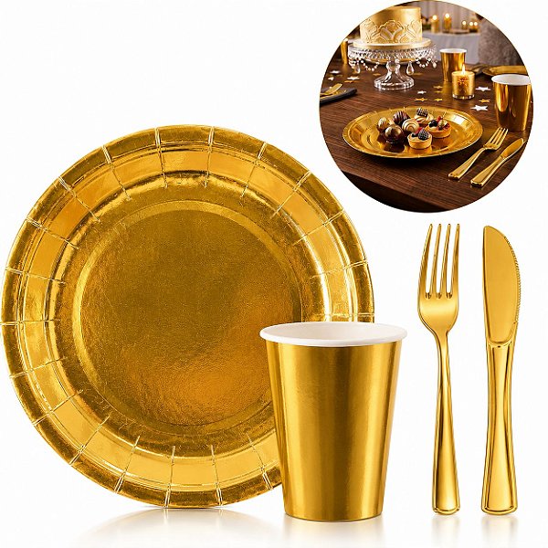 Kit 20 Pessoas Prato, Copo e Talheres Dourados - Prime Chef Papel Plástico Descartável Brasil Copa