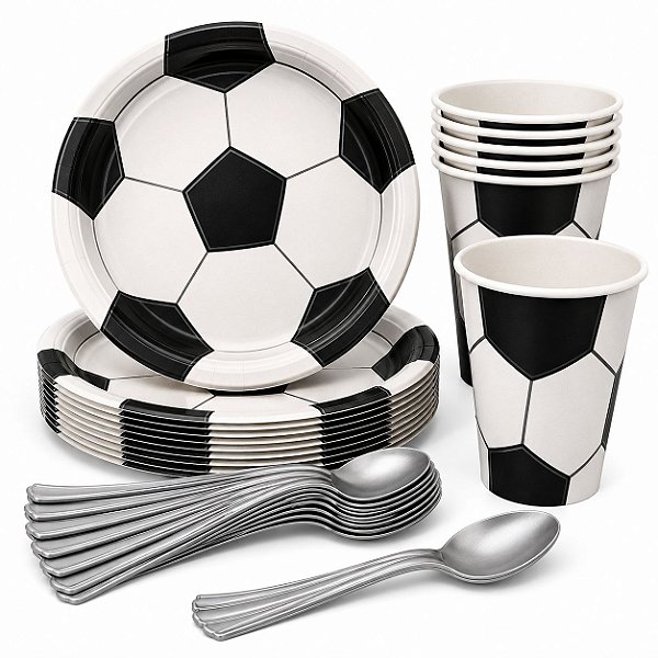 KIT 10 Pratos Copos De Bola De Futebol Papel Colher 14cm Festa Decoração