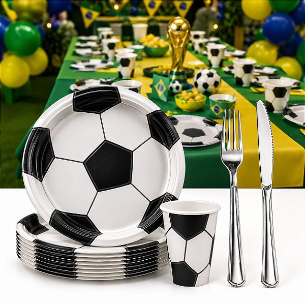 KIT 10 Pratos Copos Bola Futebol Papel Garfo Faca Refeição Plástico Festa Decoração