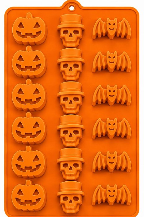 Forma de Silicone para Chocolate Halloween – Abóbora, Caveira e Morcego (21cm x 10,8cm)