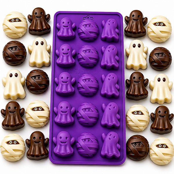Forma De Silicone Para Chocolate E Gelo Halloween Fantasminha E Múmia