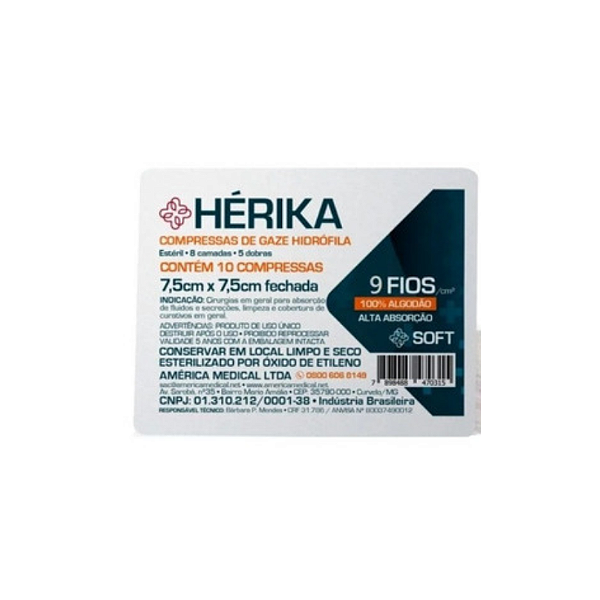 COMPRESSA DE GAZE HÉRIKA 7,5X7,5 ESTÉRIL 13F KIT 100UN - AMED
