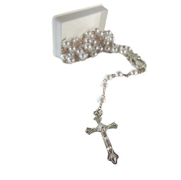 TERÇO PÉROLA NA CAIXINHA NOSSA SENHORA APARECIDA 8MM X 54CM