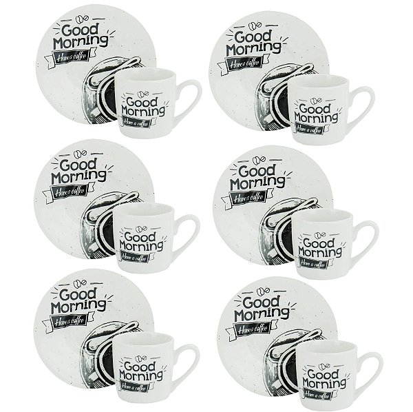 KIT 6 Xícaras com pires de Porcelana 80ml frase good morning