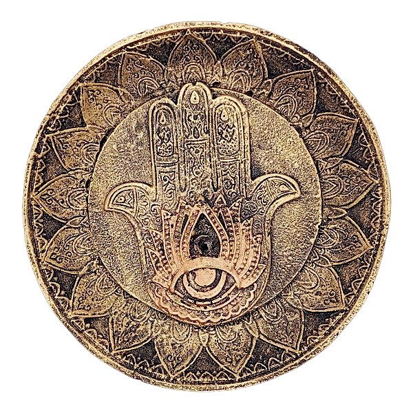 Incensário de resina Pratinho redondo Mão Hamsá Ouro Velho