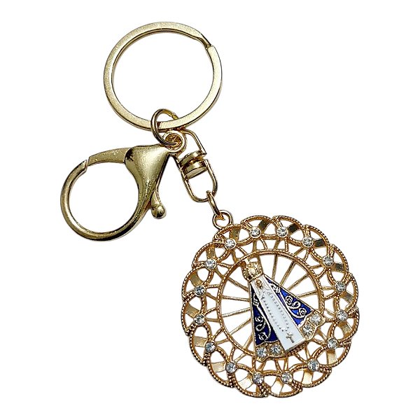 CHAVEIRO MOSQUETÃO DOURADO FLOR STRASS mãe APARECIDA santa