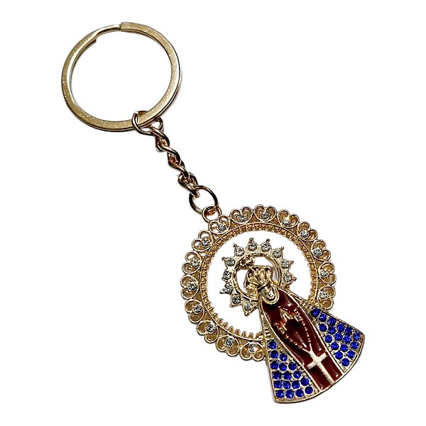 CHAVEIRO DOURADO NOSSA SENHORA APARECIDA STRAS AZUL PINGENTE
