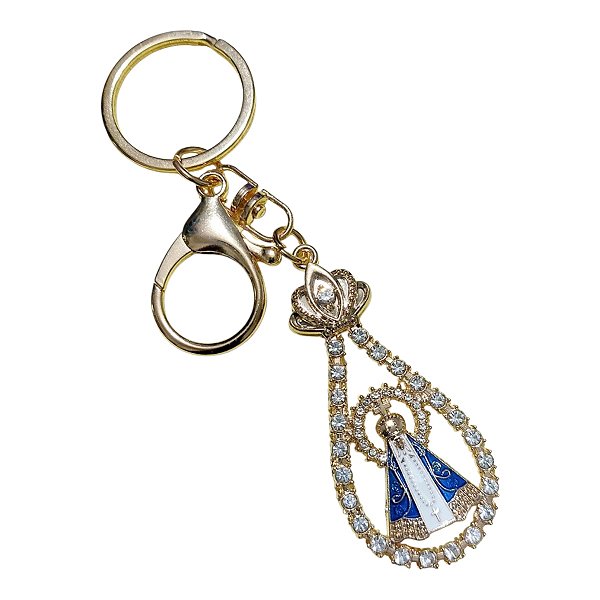 CHAVEIRO dourado OVAL STRASS COROA NOSSA SENHORA APARECIDA