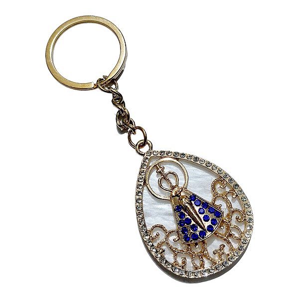 CHAVEIRO DOURADO CAPA PEDRAS AZUIS APARECIDA fundo perolado
