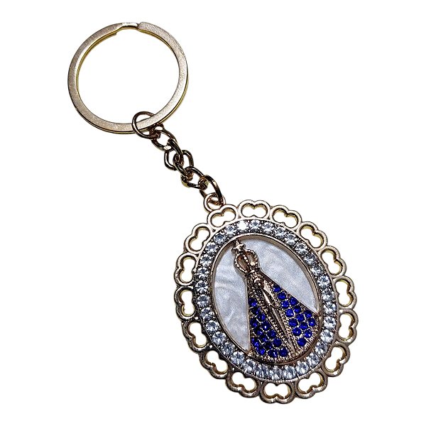 CHAVEIRO PEROLADO DOURADO STRAS AZUL NOSSA SENHORA APARECIDA