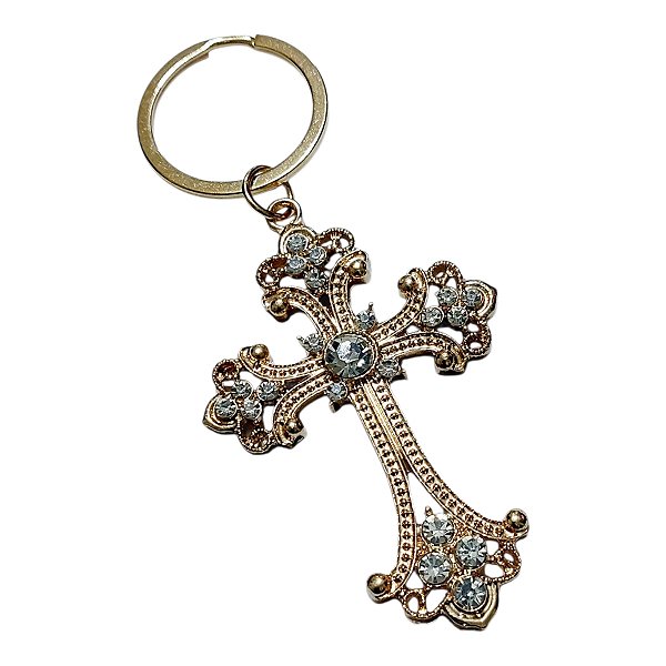 CHAVEIRO DOURADO STRASS CRUZ RELIGIOSO GRANDE SANTO SANTA