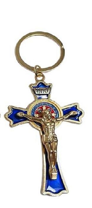 CHAVEIRO CRUZ SÃO BENTO DOURADO AZUL RELIGIOSO SANTA SANTO
