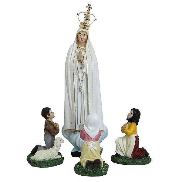 Imagem Nossa Senhora de Fátima Coroa E Pastores Resina 29 cm