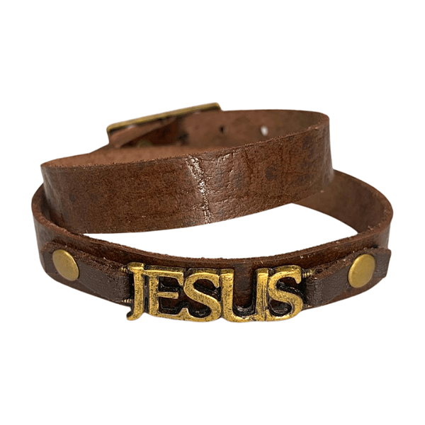 Pulseira de Couro Marrom Jesus 2 Voltas 41,5cm x 1,2cm