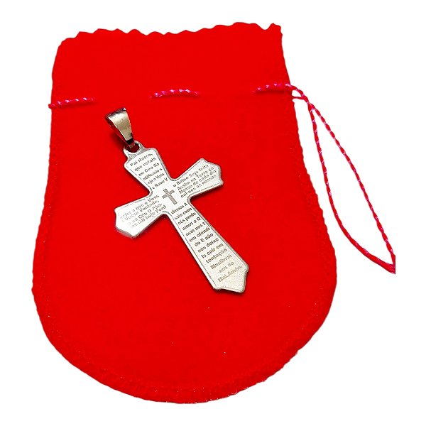 PINGENTE Aço INOX PRATEADO CRUZ COM ORAÇÃO PONTA TRIANGULAR