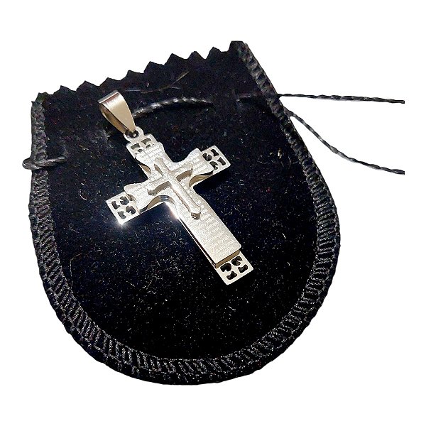 PINGENTE AÇO INOX PRATEADO CRUZ COM RELEVO ORAÇÃO RELIGIOSO