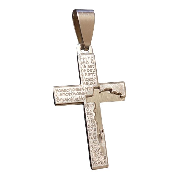 PINGENTE AÇO INOX PRATEADO CRUZ ORAÇÃO VAZADA NA LATERAL