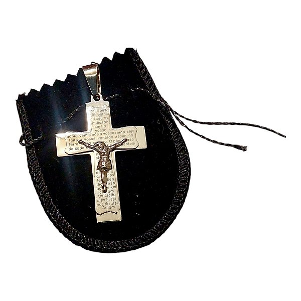 PINGENTE AÇO INOX PRATEADO CRUZ RELEVO ORAÇÃO JESUS crucifix