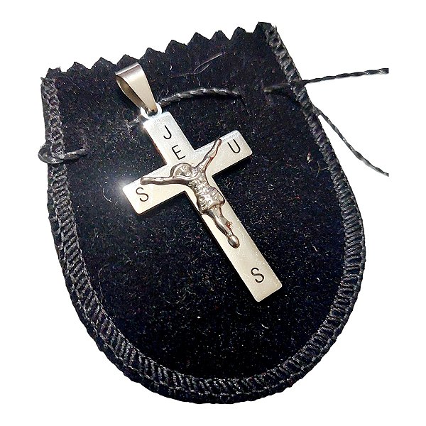 PINGENTE AÇO INOX PRATEADO CRUZ LETRAS JESUS santo religioso
