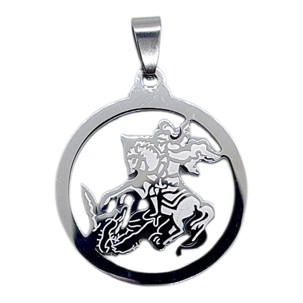 PINGENTE AÇO INOX PRATEADO REDONDO SANTO SÃO JORGE GUERREIRO