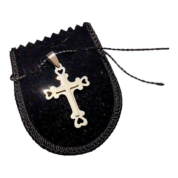 Pingente Aço Inox Prateado Cruz Textura Coração Na Ponta