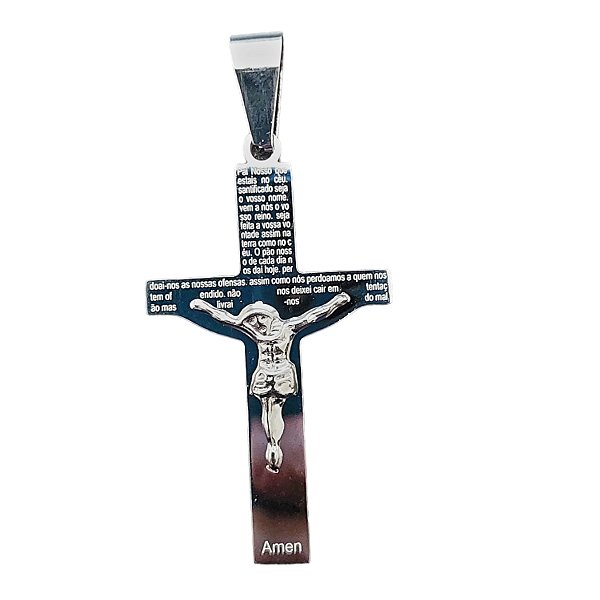 PINGENTE AÇO INOX PRATEADO CRUZ crucifixo ORAÇAO PAI NOSSO
