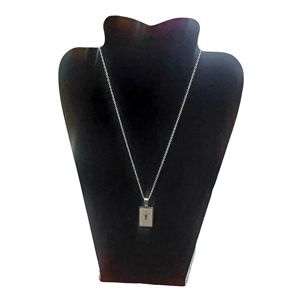 COLAR AÇO INOX PRATEADO 50CM PINGENTE ORAÇÃO PAI NOSSO SANTO