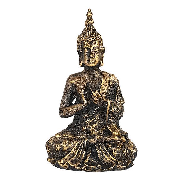 Estatua Buda Hindu Tibetano Orando resina Ouro Velho 12cm