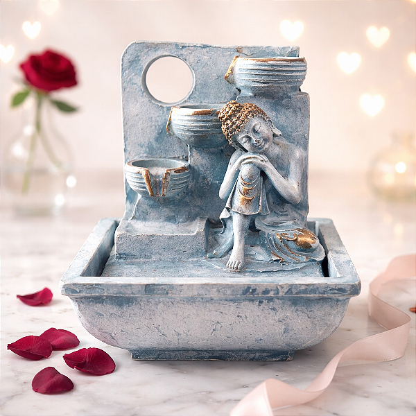 Fonte resina Buda Pensador Turquesa 18cm 3 quedas bivot