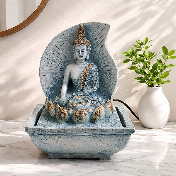 Fonte resina Buda hindu flor Lótus Mini Turquesa 18cm bivolt