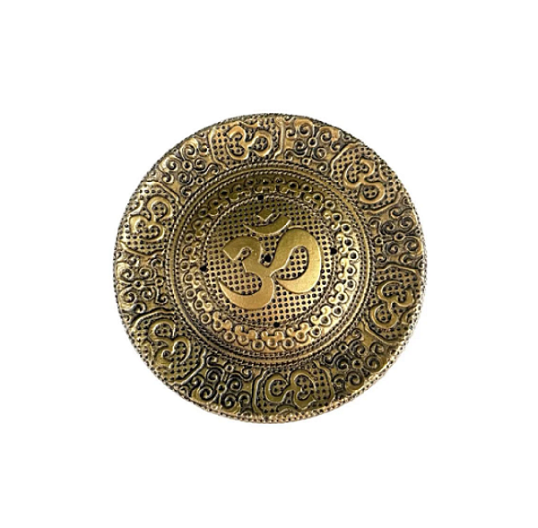 Incensário OM Redondo Resina Dourado pratinho 10cm meditação