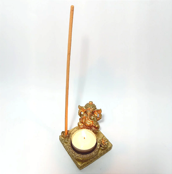 Incensário Porta Vela Resina Ganesha Dourado 8cm prosperidad