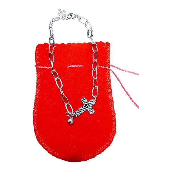 Pulseira Aço Inox Prateada Cruz e oração santa consagração