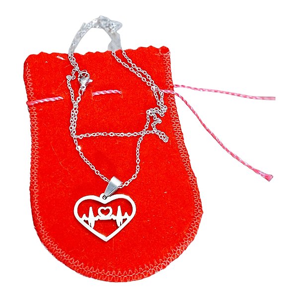 COLAR AÇO INOX 50CM PRATEADO MEDALHA Coracao Vazado