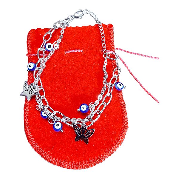 Pulseira Aço Inox Dupla Olho Grego Pingente Borboleta