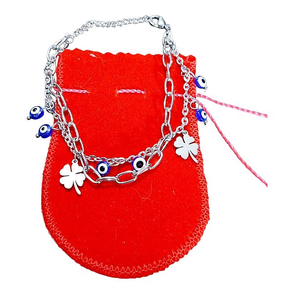 Pulseira Aço Inox Prateada Dupla Olho Grego Pingente Trevo