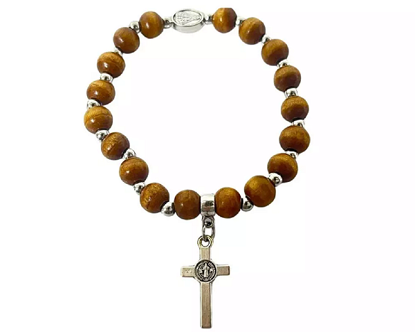 Pulseira Nossa Senhora Aparecida Madeira Medalha e cruz