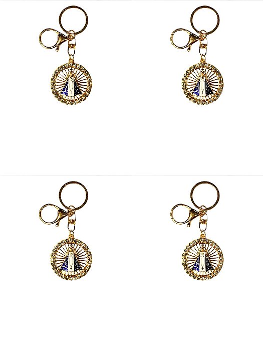 4 CHAVEIROS MOSQUETÃO DOURADO CÍRCULO APARECIDA STRASS santa