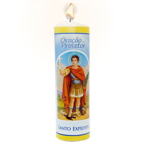 Vela Oração ao Protetor Santo Expedito 14,5 x 4 cm branca