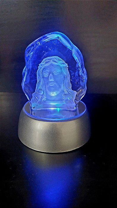 Enfeite Cristal Luz Led colorido Lasca Face Jesus Cristo